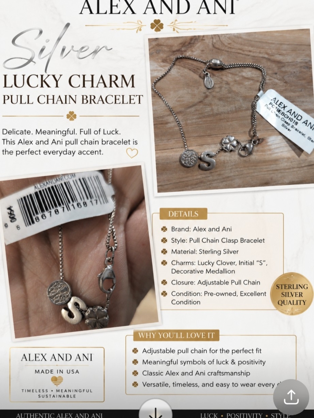 Alex and Ani Silver Lucky Charm Pull Chain Bracelet